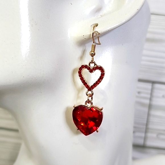 Gold with Red Crystal Double Heart Drop Earrings New - Picture 6 of 7